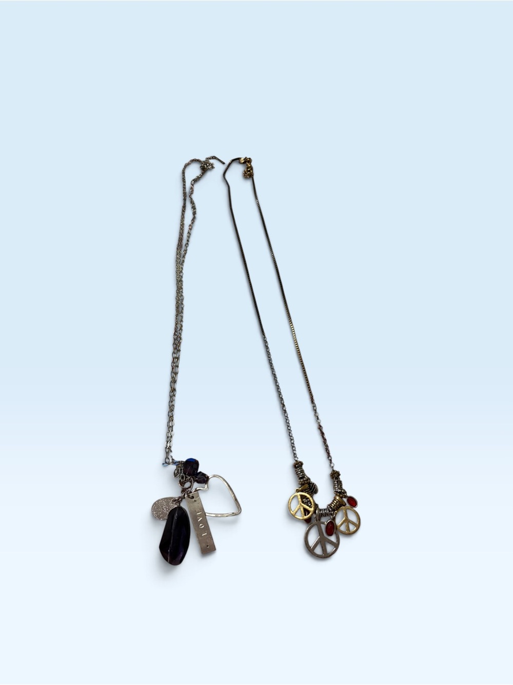 Silver Tone Peace Sign Pendant Necklace with Charms - Blue and Gold Accents